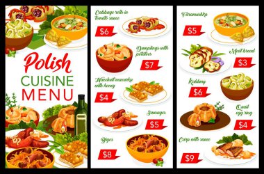 Polonya mutfağı menüsü. Faramushka çorbası, lahana rulosu ve patates, et ekmeği, fındık Mazurka ve Kalduny, bıldırcın yumurtalı köfte, sosis ve Bigos, soslu sazan balığı.