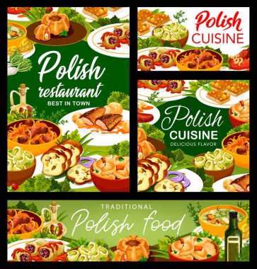 Polonya mutfağı menü posterleri. Bıldırcın yumurtalı köfte halkası, soslu sazan balığı ve Kalduny, et ekmeği, lahana rulosu ve sosis, börek, Bigos ve Faramushka çorbası, fındık Mazurka çorbası.