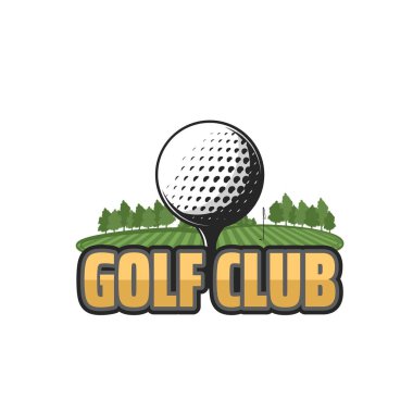 Golf sopası ikonu, saha ve top ile. Golf sahasında top, çukur ve bayrak, çimenler ve ağaçlar, spor kulübü ve spor müsabakaları için ayrılmış amblem tasarımı.