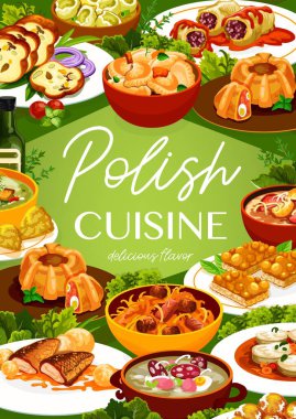 Polonya mutfağı afişi. Hamur köftesi, et ekmeği ve sosis, bıldırcın yumurtalı köfte halkası, sazan ve fındık Mazurka, Faramushka çorbası, Bigos ve Kalduny, domates soslu lahana ruloları.