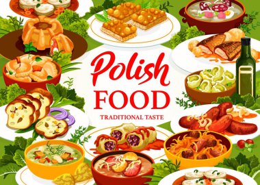 Polonya mutfağı afişi. Soslu sazan, bıldırcın yumurtalı köfte halkası, Kalduny, Mazurka ve lahana ruloları domates sosu, et ekmeği, sosis ve Faramushka çorbası, Bigos.