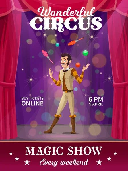 Zeichentrickjongleur Shapito Zirkus Vektorplakat Jahrmarkt Karnevalsshow Zirkusartisten Jonglieren Mit Stecknadeln — Stockvektor
