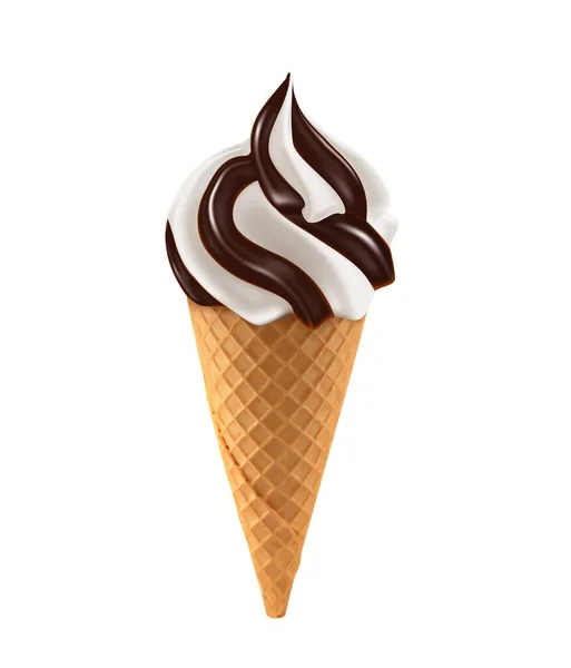 現実的なアイスクリームワッフルコーンとチョコレート ソフトクリームにチョコレート入りの渦巻 ホイップクリームとココアまたは甘い乳製品と夏の冷たいデザートを提供しています — ストックベクタ