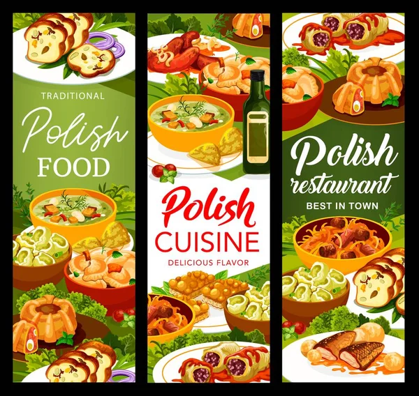 Cucina Polacca Pasti Banner Involtini Cavolo Salsa Pomodoro Salsicce Pane — Vettoriale Stock