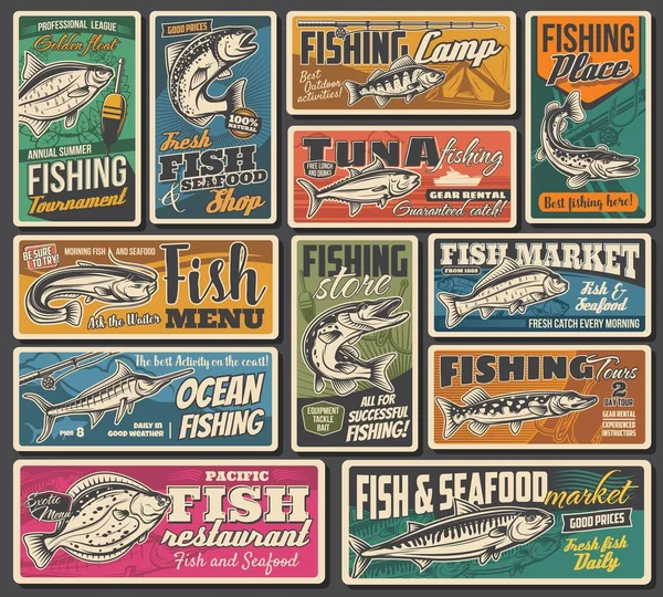 Carteles Pesca Pescado Mariscos Vector Retro Campamento Torneo Fisher Cañas — Vector de stock