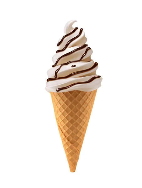 Soft Ice Cream Waffle Cone Chocolate Vanilla Sundae Swirl Realistic — Stock Vector