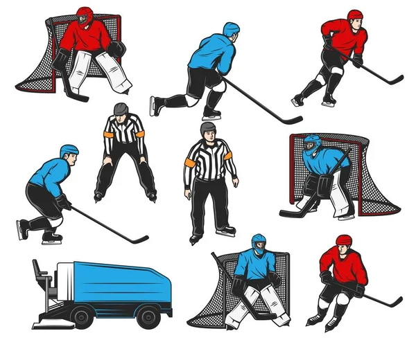 Ijshockey Spelers Iconen Sport Ijsbaan Apparatuur Vector Ijshockeyspeler Doelman Bij — Stockvector