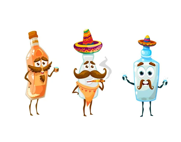 Desenhos Animados Mexicano Pulque Mezcal Personagens Tequila Ícones Garrafas Vetoriais — Vetor de Stock
