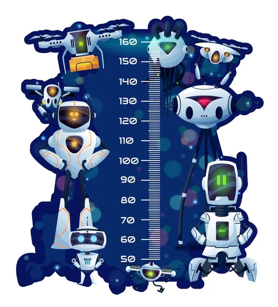 Kinderen Hoogte Grafiek Met Robots Droids Vector Groeimeter Cartoon Achtergrond — Stockvector