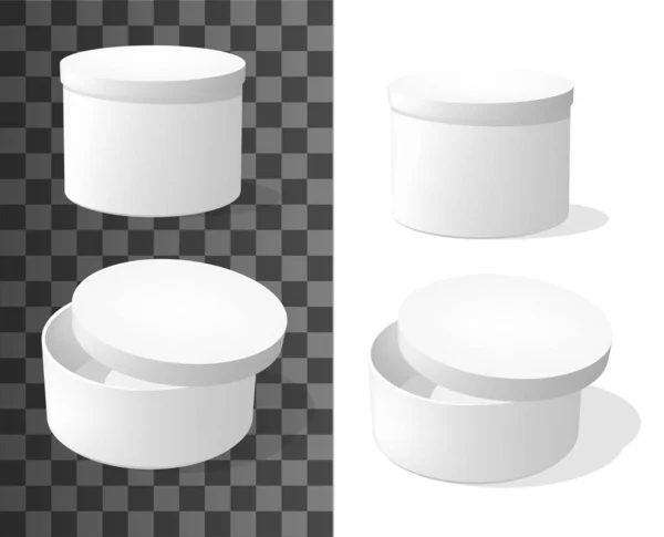 Ronde Kartonnen Dozen Verpakking Vector Mockup Blanco Gesloten Licht Ajar — Stockvector