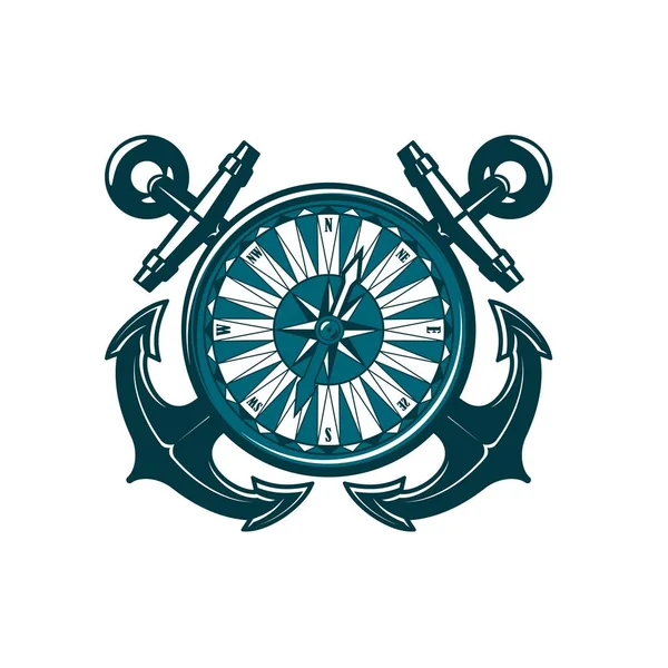 具有交叉锚和罗盘的纹章图标 矢量航海纹章和海上旅行 带有老式航海罗盘的帆船锚或船锚的隔离徽章设计 — 图库矢量图片