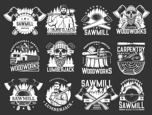 Lumberjack Woodworks Carpentry Sawmill Vector Icons Logger Woodcutter Men Axes — Stock Vector