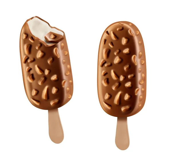 현실적 초콜릿 에스키모 아이스크림에 견과류를 곁들인 것이다 얼어붙은 유제품 막대에 — 스톡 벡터