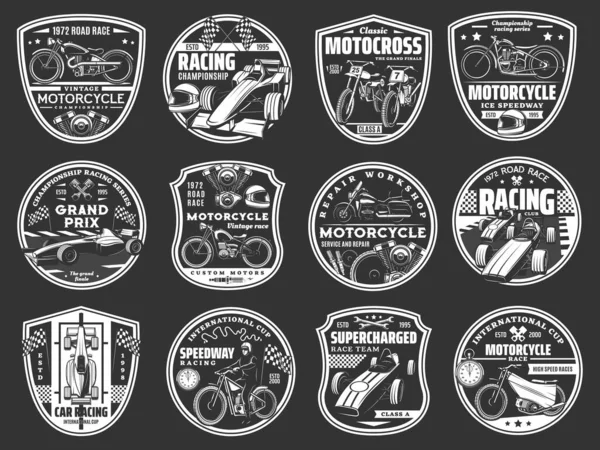 Motocicleta Carreras Coches Iconos Retro Automovilismo Equipo Carreras Carretera Insignias — Vector de stock