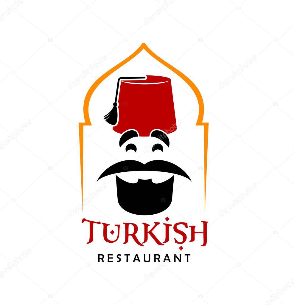 Turkish cuisine restaurant chef icon. Vector emblem with bearded Turk in traditional fez inside of arch isolated on white background. Turkey food label for cafe, menu design or national food festival