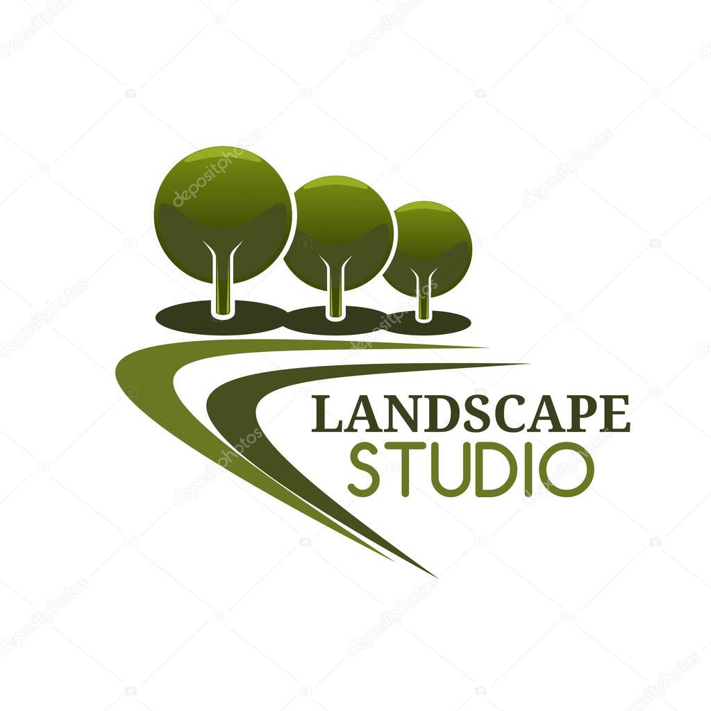 Landscape design service icon, gardens landscaping service vector symbol. Landscape trees and park maintenance, green lawns designing and planning, landscape architecture and horticulture