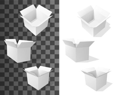 Kare karton kutular, gerçekçi vektör ambalajları. Beyaz paketler, boş kağıt kutuları, 3D teslimat paketleri, nakliye konteynerleri, posta kutuları ve yan, ön ve üst görünümden depolama çantaları.