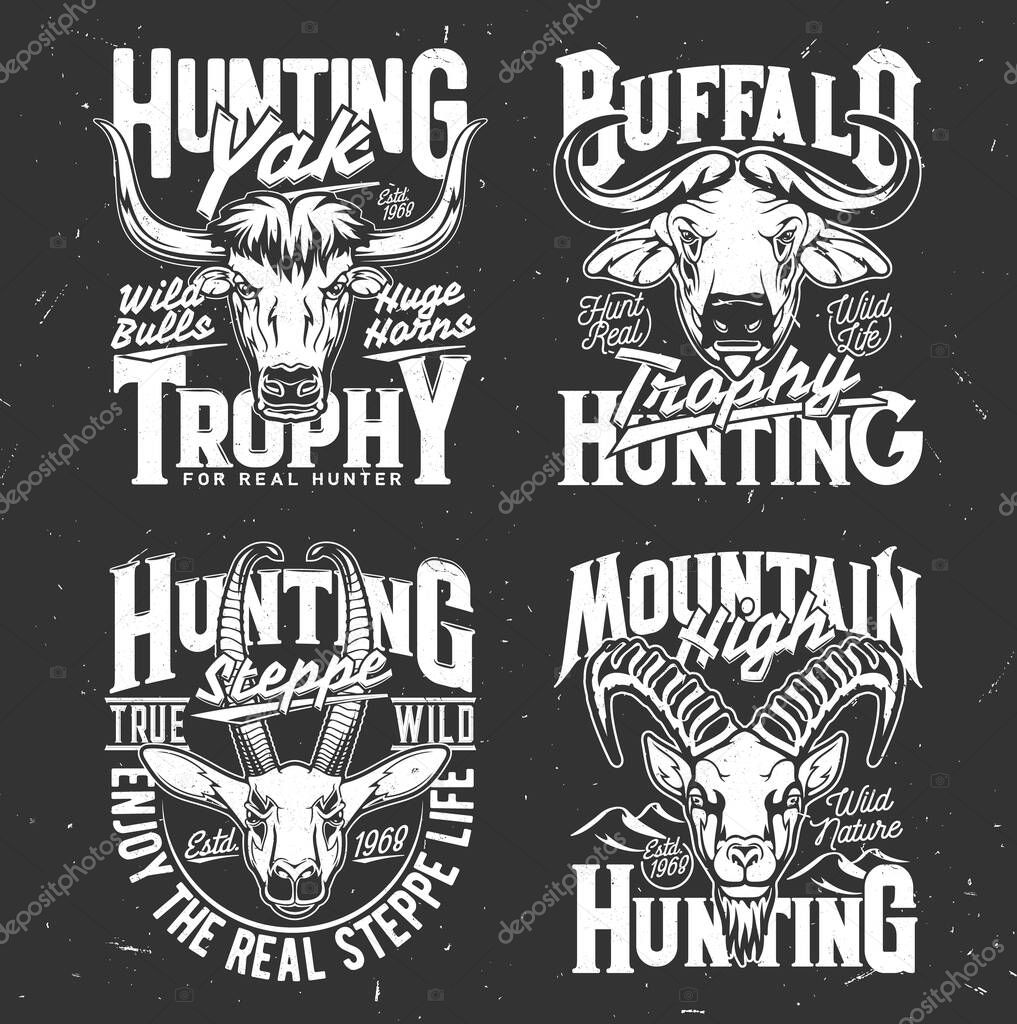 Tshirt print with mountain goat, buffalo, yak and gazelle heads. Vector wild animal mascots for hunting club, hunter trophy black and white labels for apparel design, isolated emblems for hunt society