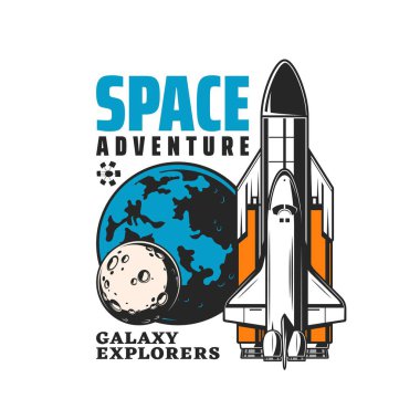 Galaksi kaşifi simgesi, uzay gemisi fırlatılışı, vektör amblemi. Yörünge istasyonu veya uzay mekiği ve gezegenler, galaksiler arası keşif ve yıldızlararası uzay yolculuğu.