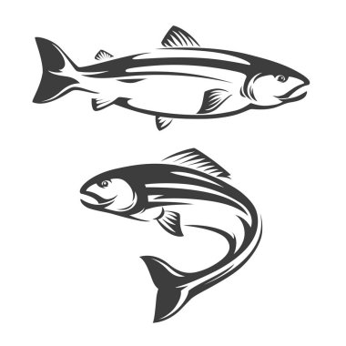 Somon balığı deniz ürünleri ya da deniz balıkçılığı sporu vektör tasarımı ikonu. Atlantik, coho, chinook, somon balığı ya da pembe somon balığı yüzme ve zıplama, okyanus ve deniz suyu hayvanları izole edilmiş sembol