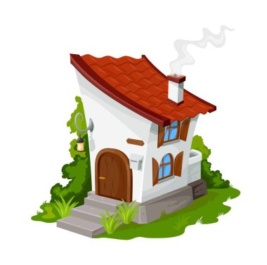 Çizgi roman perisi ya da cüce evi, peri ya da cücenin vektör fantezisi. Taş ev, ahşap kapı, kırmızı fayanslı çatı, kepenkli pencereler ve merdivenlerin üstündeki fener. Güzel bir çizgi film binası.