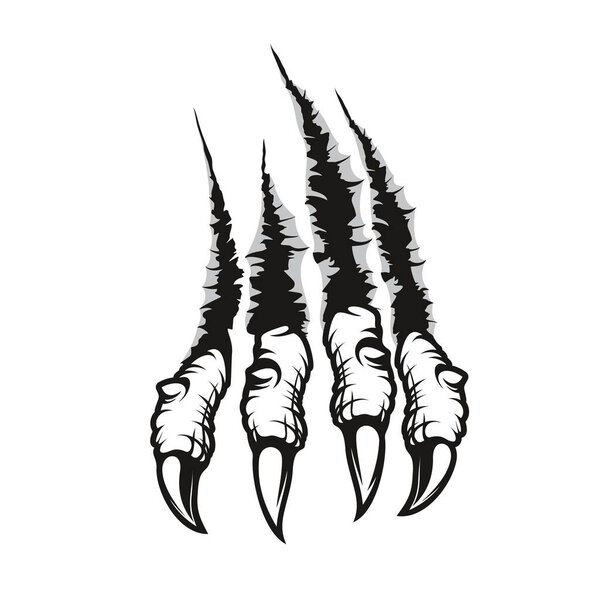Dragon claw marks scratches, monster hardened fingers with long nails tear through wall. Vector wild animal rips, paw sherds, beast break, four talons traces or marks isolated on white background