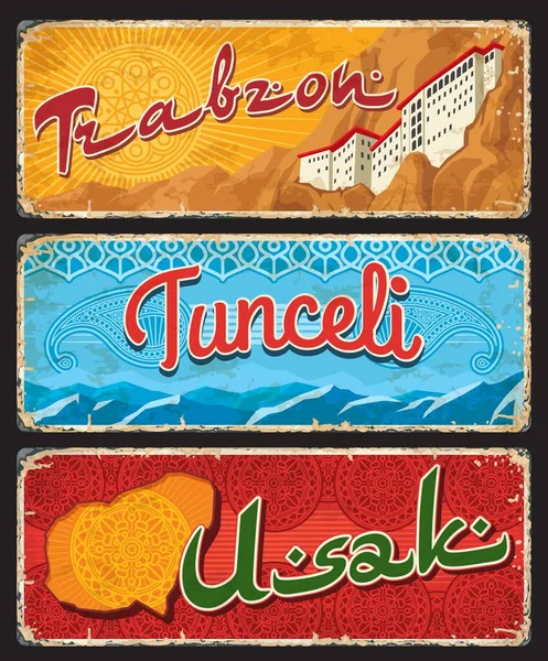 Trabzon Tunceli Usak Turquie Plaques Provinces Bannières Vectorielles Sites Touristiques — Image vectorielle