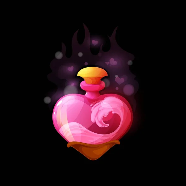 漫画の愛の薬瓶 ピンクの液体とベクトルハート型のフラスコ 魔法のゲームのための魔法のエリキシルUiデザイン要素 火花と情熱魔女毒 黒の背景に隔離された錬金術オブジェクト — ストックベクタ