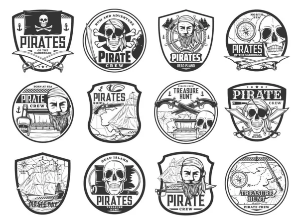 Caribe Pirata Corsario Aislado Iconos Con Vector Pirata Capitán Mapa — Vector de stock