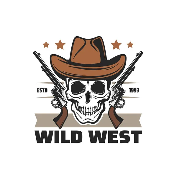 狂野的西部图标牛仔头颅和手枪 美国西部矢量符号 得克萨斯州的沙龙和亚利桑那州的牛仔骑警或强盗头盖骨头戴牛仔帽 — 图库矢量图片