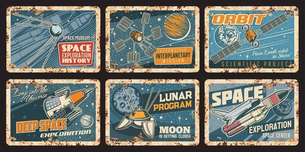 Uzay Gemileri Uydular Paslı Plakalar Dış Uzay Keşif Vektör Vintage — Stok Vektör