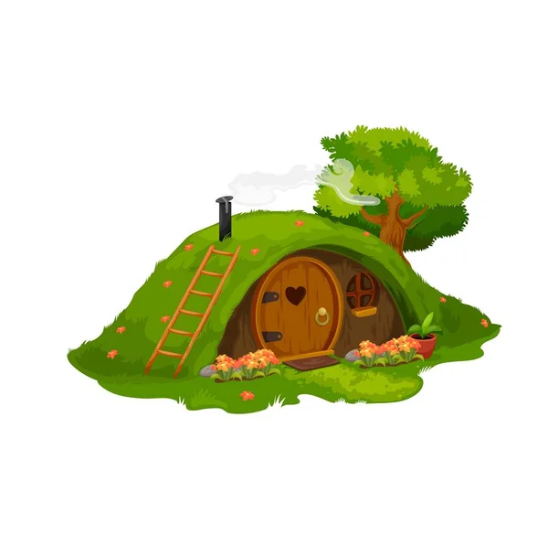 Fairytale Hobbit Dwarf House Vector Home Green Hill Fairy Dwelling — Stock Vector