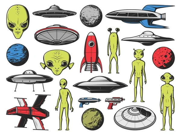 不明飞行物 外星飞船和行星 矢量人形外星人 具有绿色皮肤和大眼睛的外星生物 幻想宇宙飞船 未来派火箭和飞碟 飞弹枪 — 图库矢量图片