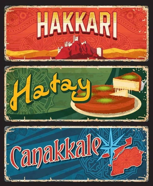 Hakkari Hatay和Canakkale 省车牌 带有传统馅饼的土耳其旅游地标的矢量横幅 风力玫瑰 岩石和伊斯兰装饰 复古研磨板 旅行牌匾 — 图库矢量图片