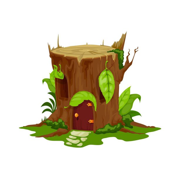 Cartoon fairytale stump house, vector stub home, fairy dwelling for dwarf or gnome with wooden door, leaves shutters on windows and moss on roof. Cute fantasy building on field with grass and path