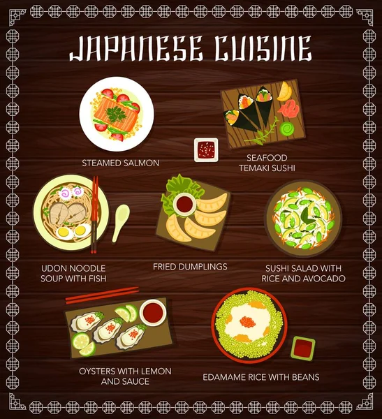 Menú Cocina Japonesa Platos Afiche Comidas Con Cena Tradicional Asiática — Vector de stock