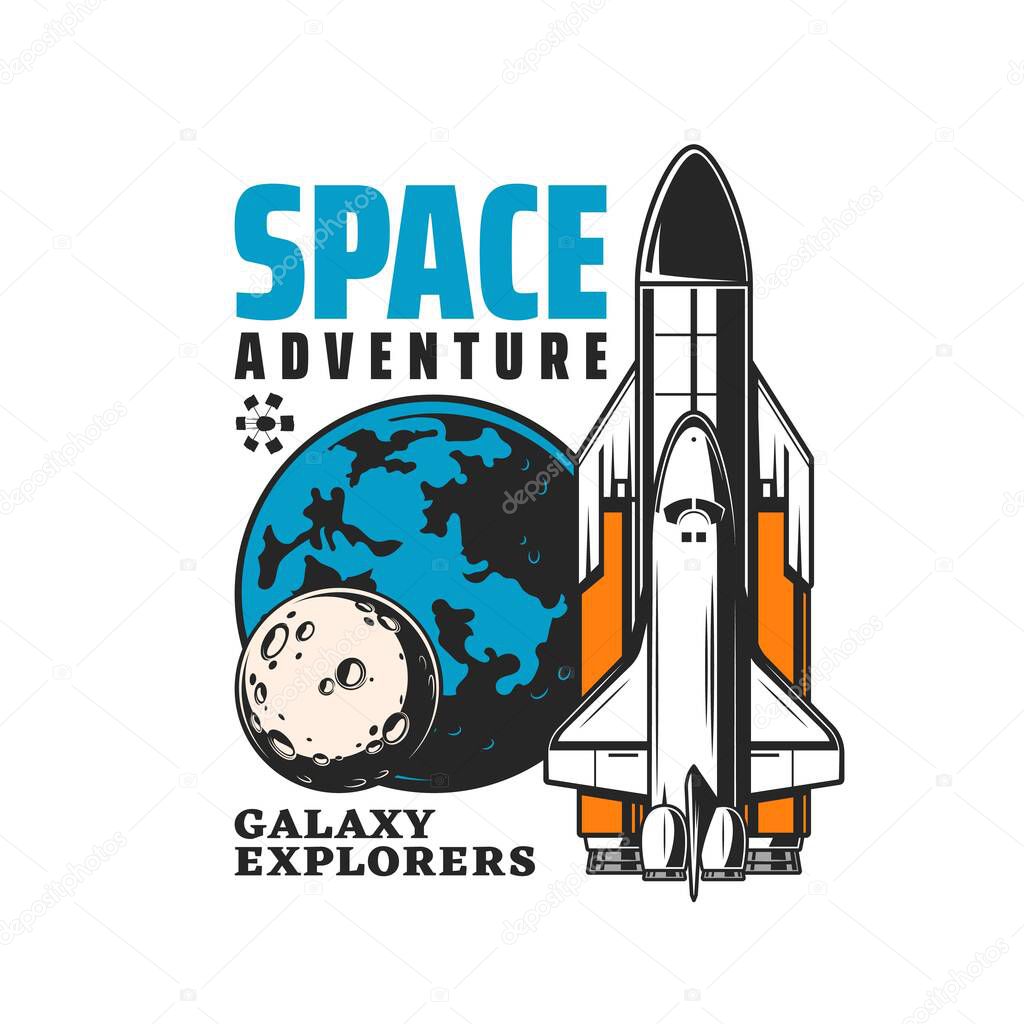 Galaxy explorer icon, rocket spaceship launch to space exploration, vector emblem. Orbital station or spacecraft shuttle and planets, galaxy discovery and interstellar spaceflight