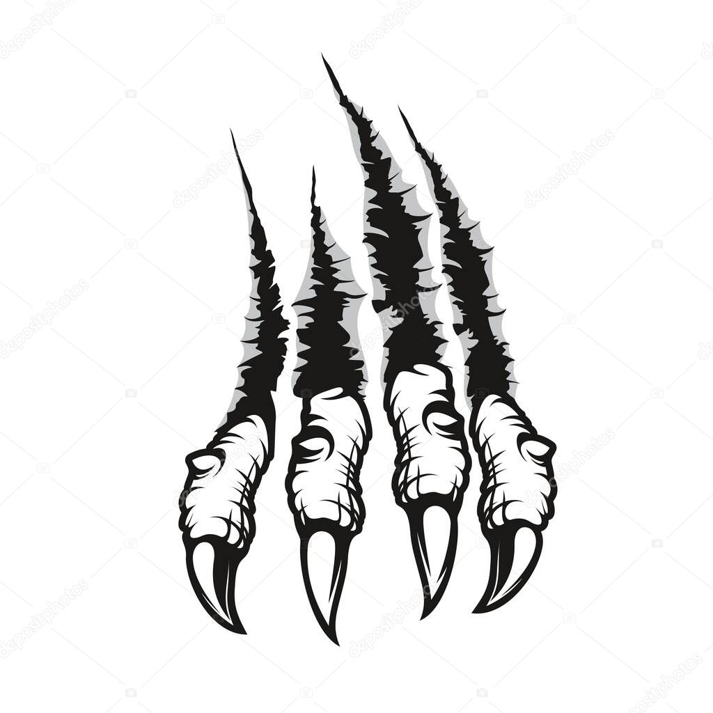 Dragon claw marks scratches, monster hardened fingers with long nails tear through wall. Vector wild animal rips, paw sherds, beast break, four talons traces or marks isolated on white background