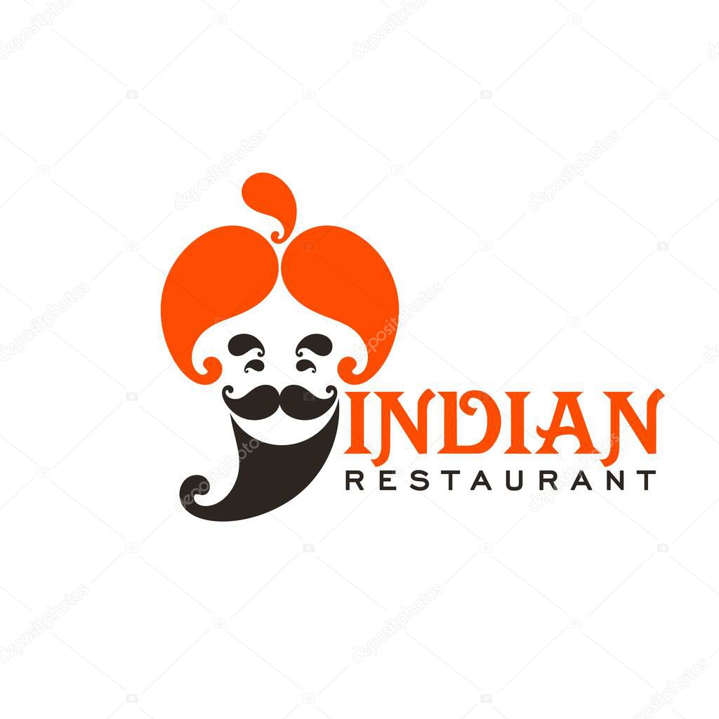 Indian cuisine restaurant icon. Vector chef with orange turban, black mustache and beard. Traditional food of India, Indian cafe or ethnic bar isolated symbol design