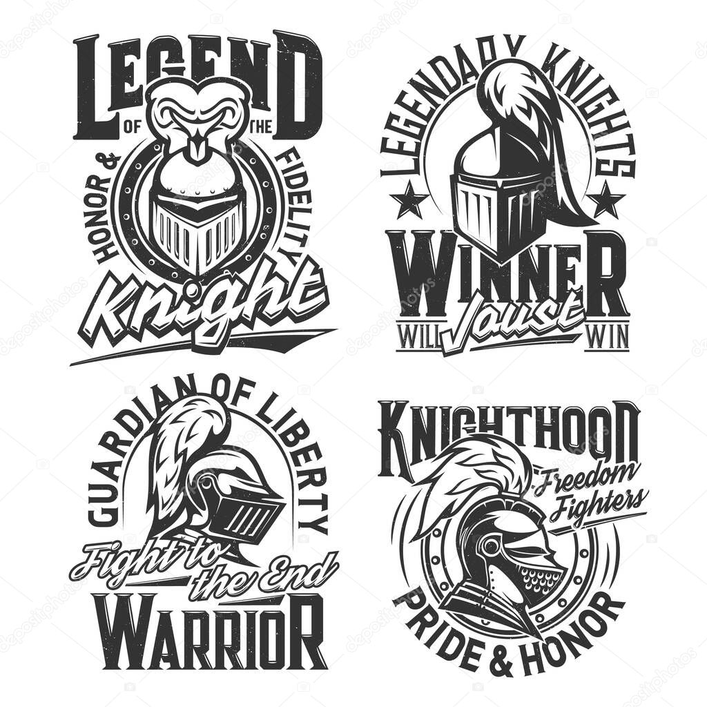 Tshirt prints with knight heads, vector mascots for fight or sport club apparel. Medieval soldiers, warriors helmet with plumage and visor front and side view. T shirt print or emblems with typography