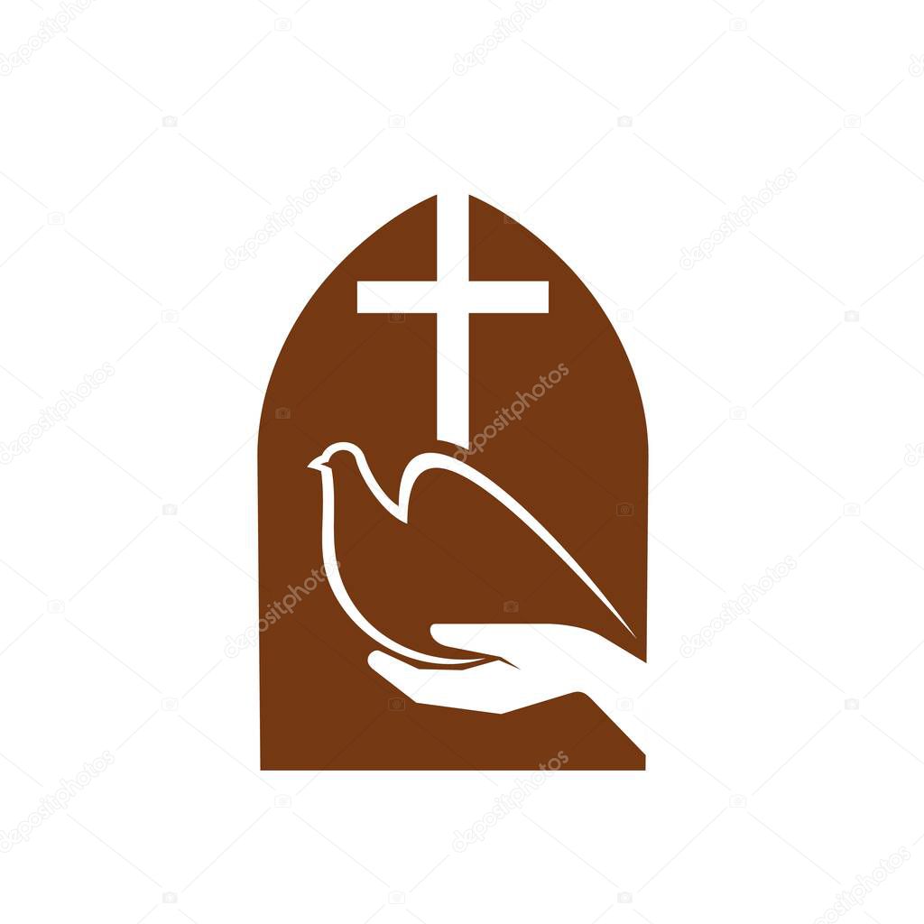 Christianity religion symbol, vector Christian church cross or Jesus Christ crucifix and dove of peace in hands. Catholic religion holy sign, brown religious emblem of faith and worship design