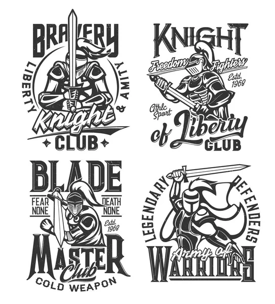 Camiseta Impresa Con Guerreros Caballeros Con Las Mascotas Vectores Espada — Vector de stock