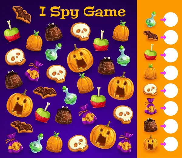 Barn Jag Spionerar Spel Med Halloween Behandlar Barngåtor Bok Vektor — Stock vektor