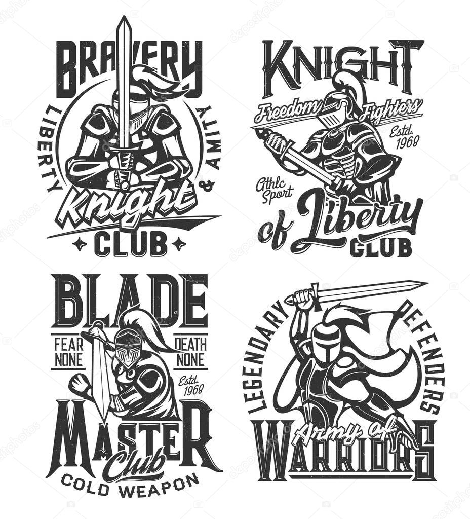 Tshirt prints with knight warriors with sword vector mascots for fighter or cold weapon club apparel design. Medieval knights in helmet with plumage, armor or cape. T shirt prints with typography set