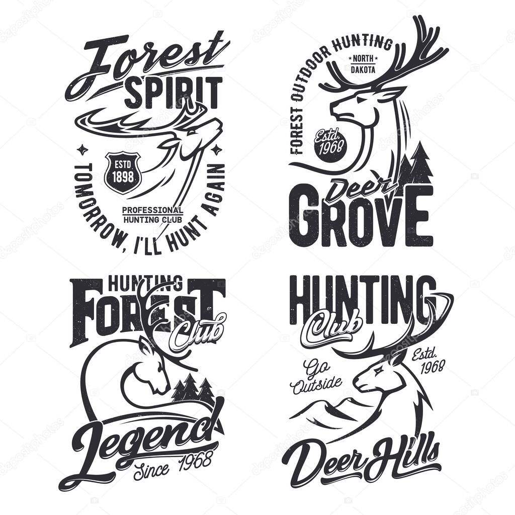 Forest hunting club t-shirt print template with deer. Mule or whitetail deer male head with horns, mountain and spruce thin line vector. Hunting hobby or sport club, hunter apparel print with mascot