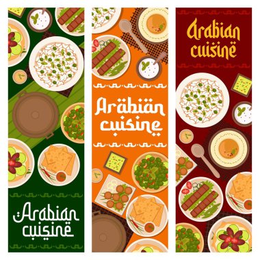 Arap yemek restoranı afişleri. Salamura zeytin, ekşi krema ve soslu matza, sebzeli lahana ekmeği, humus ve nohut falafel, soğanlı pilav ve bezelye, sığır kebabı vektörü.