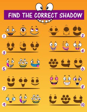 Shadow matching children game with monster emoticons. Vector education puzzle of find the correct shadow template design with funny cartoon emojis of vampire, alien and cyclop, ogre and mutant clipart