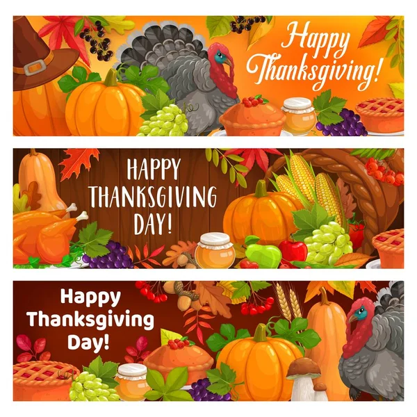 Happy Thanksgiving Holiday Turkey Autumnal Harvest Cornucopia Vector Banners Cartoon — Stock Vector