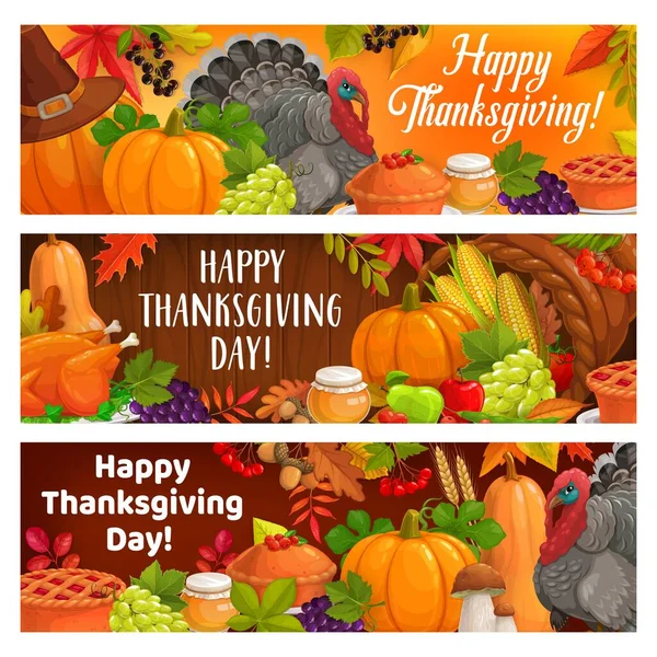 Gelukkige Thanksgiving Vakantie Kalkoen Herfstoogst Cornucopia Vector Spandoeken Cartoon Wenskaarten — Stockvector