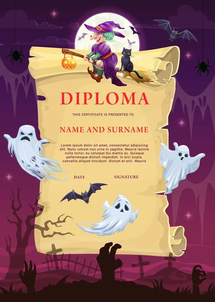 Children Halloween Diploma Template Witch Ghosts Kid Education Achievement Certificate — Stock Vector